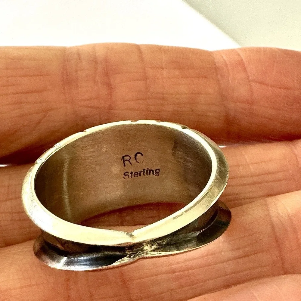 Navajo Turquoise Mens Band Sz 11 Three Stone‎ Ring 12mm Sterling Dark Cadman